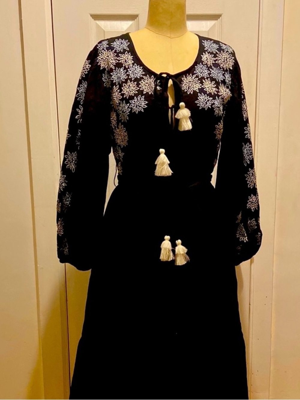 Karina Grimaldi Black maxi Dress with White Floral Embroidery and Tassels